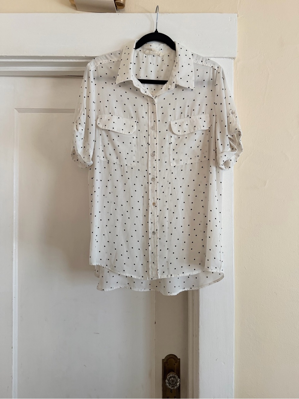 lovestitch Cream Button-Down Blouse with Black Polka Dots